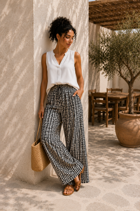 Pantaloni dama din vascoza cu imprimeu linii geometrice [4]