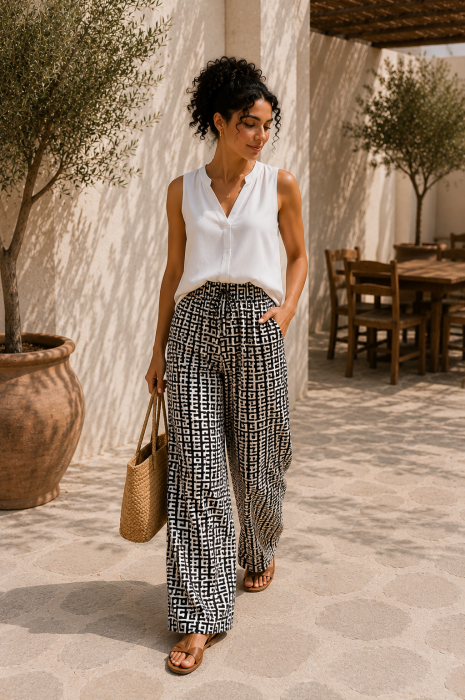 Pantaloni dama din vascoza cu imprimeu linii geometrice [3]
