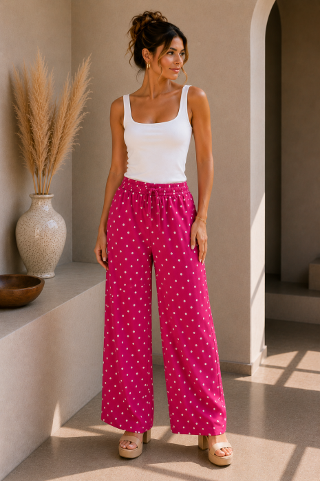 Pantaloni dama fuxia cu buline albe din vascoza [2]