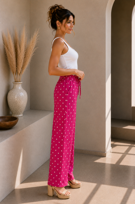Pantaloni dama fuxia cu buline albe din vascoza [3]