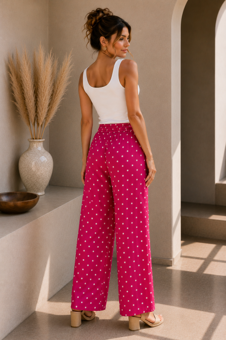 Pantaloni dama fuxia cu buline albe din vascoza [4]