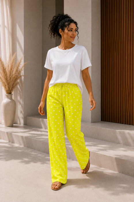 Pantaloni dama galben neon cu buline albe [4]