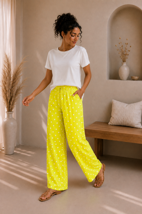 Pantaloni dama galben neon cu buline albe [2]