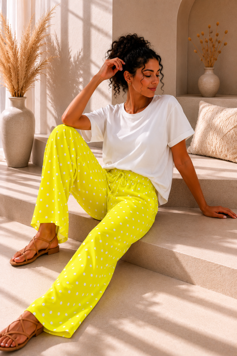 Pantaloni dama galben neon cu buline albe [3]