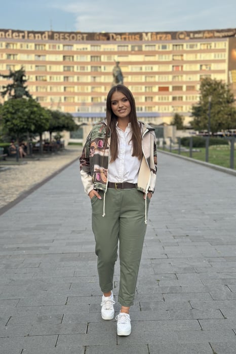 Pantaloni dama kaki din bumbac cu curea maro [2]