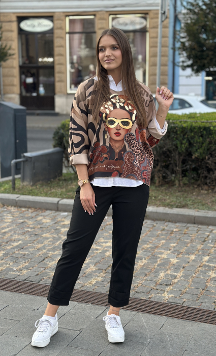 Pantaloni dama negri din bumbac cu curea maro [2]