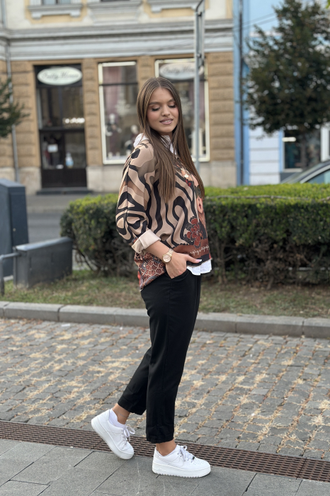 Pantaloni dama negri din bumbac cu curea maro [3]