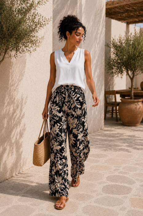 Pantaloni dama negri din vascoza cu imprimeu floral bej [2]
