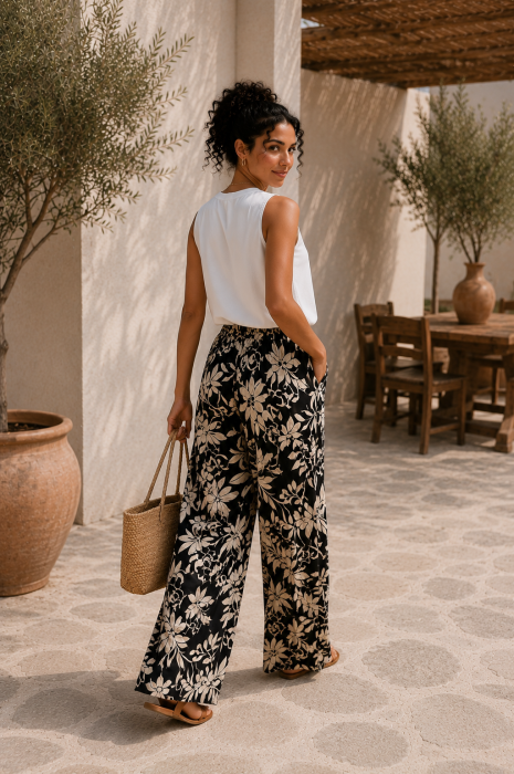 Pantaloni dama negri din vascoza cu imprimeu floral bej [4]