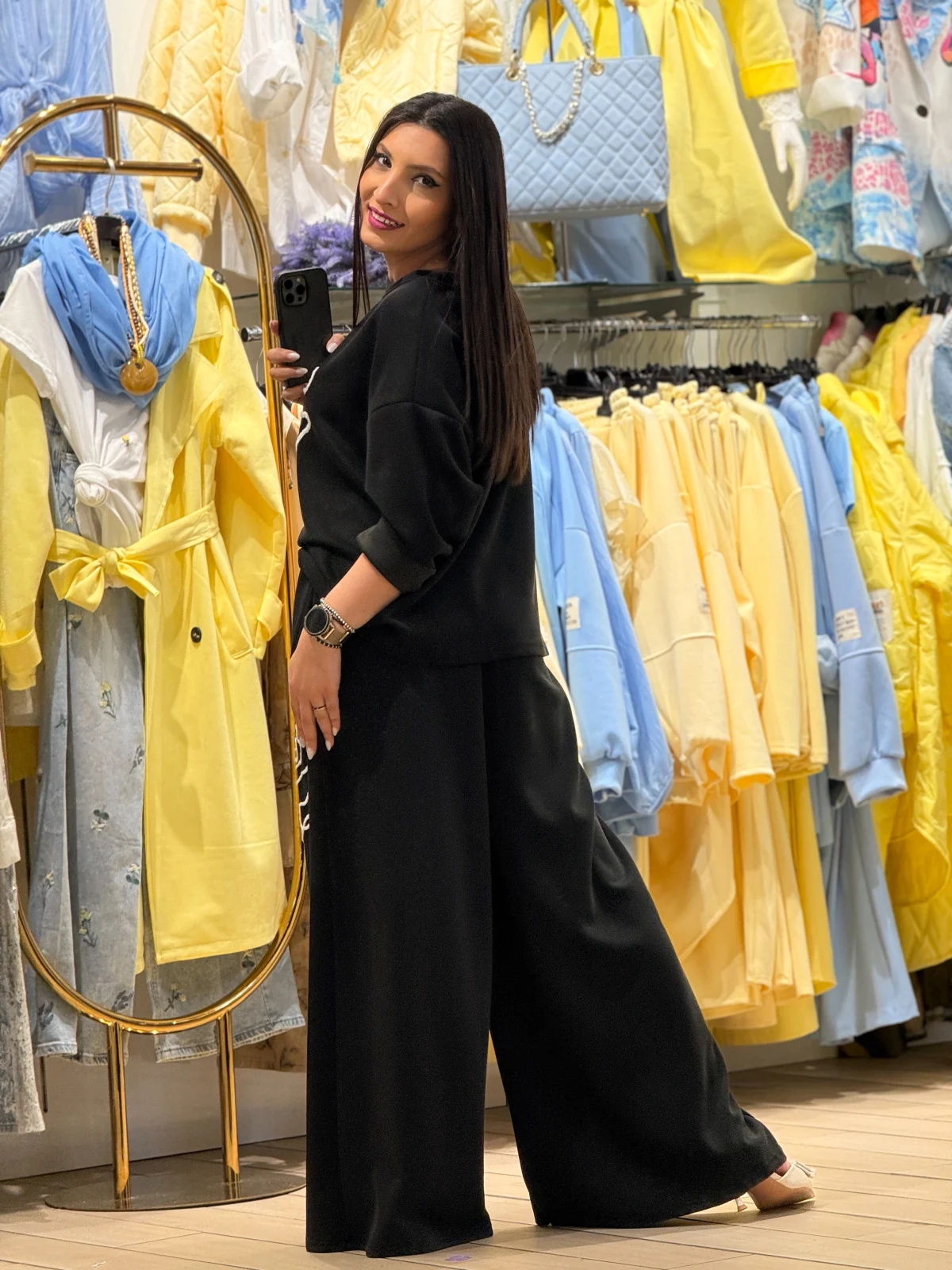 Pantaloni dama negri drepti cu broderie minimalista [7]