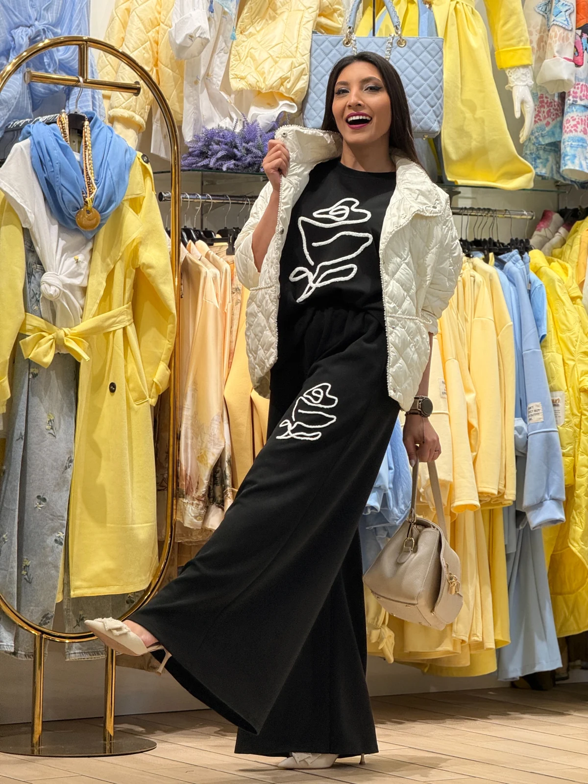 Pantaloni dama negri drepti cu broderie minimalista [2]