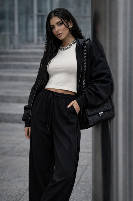 Pantaloni dama negri drepti cu elastic si snur in talie [4]