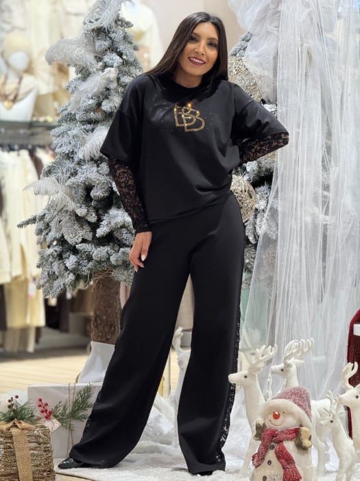 Pantaloni dama negrii evazati cu insertie din dantela [4]
