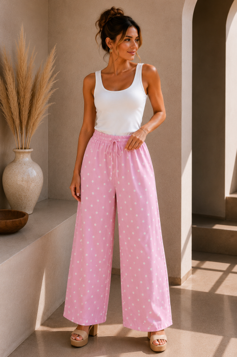 Pantaloni dama roz cu buline albe din vascoza [2]
