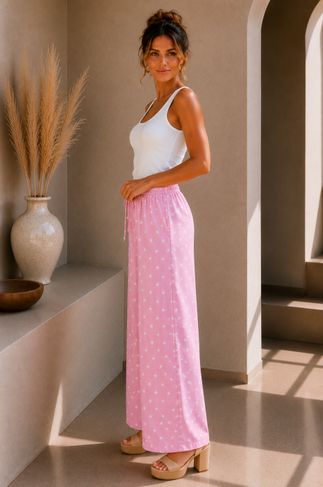 Pantaloni dama roz cu buline albe din vascoza [3]