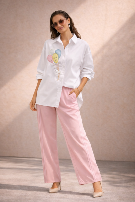 Pantaloni dama roz pastel drepti cu elastic si snur in talie - Pretty Women [2]