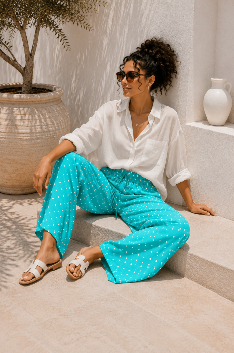 Pantaloni dama verde marin cu buline albe din vascoza [3]