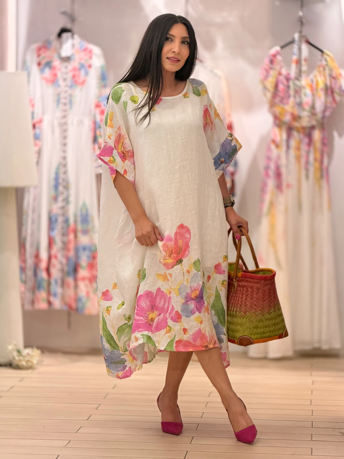 Rochie alba din in cu flori roz [3]