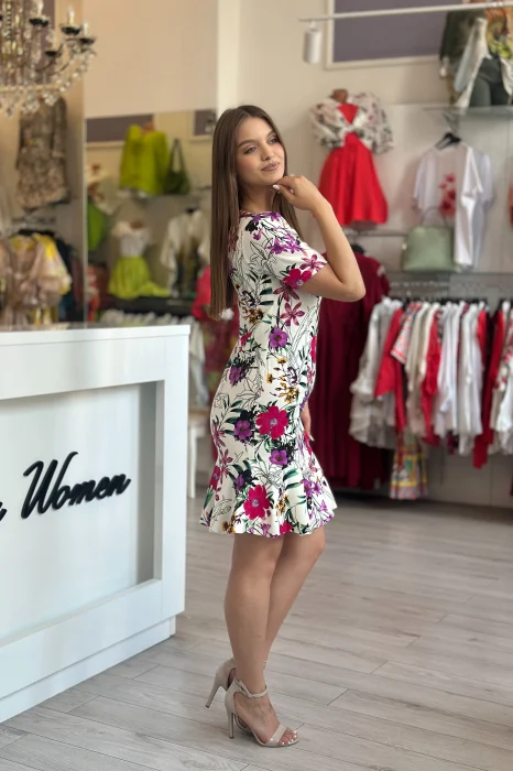 Rochie alba din in cu imprimeu floral multicolor [5]