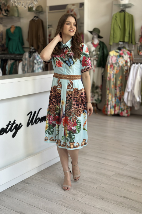 Rochie albastra cu imprimeu tropical si animal print [2]