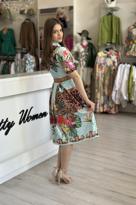 Rochie albastra cu imprimeu tropical si animal print [4]