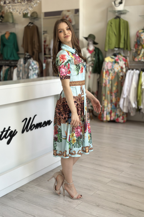 Rochie albastra cu imprimeu tropical si animal print [3]
