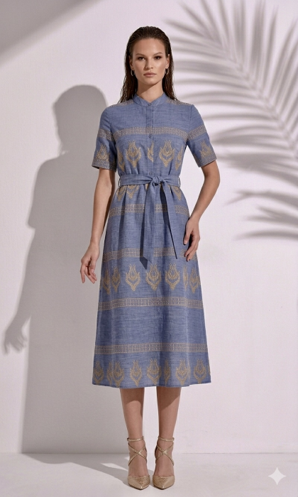 Rochie albastra din vascoza cu broderie bej [2]