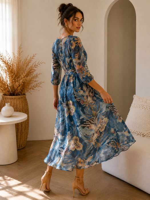 Rochie albastra din voal cu imprimeu exotic [2]