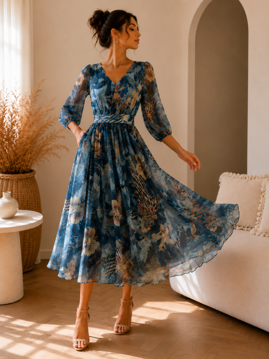 Rochie albastra din voal cu imprimeu exotic [3]