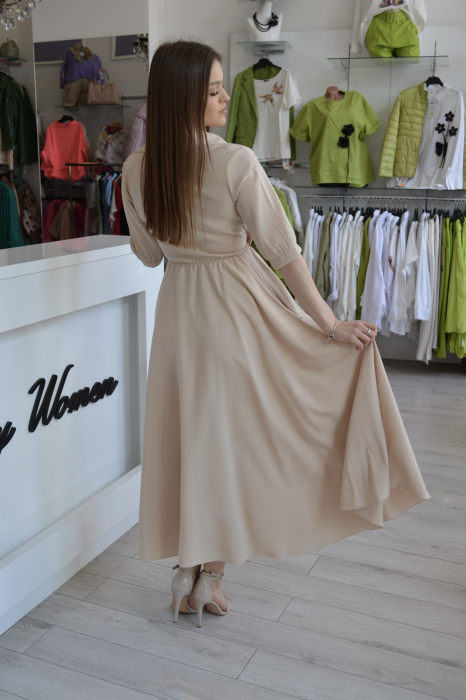 Rochie bej cu guler si cordon in talie [3]