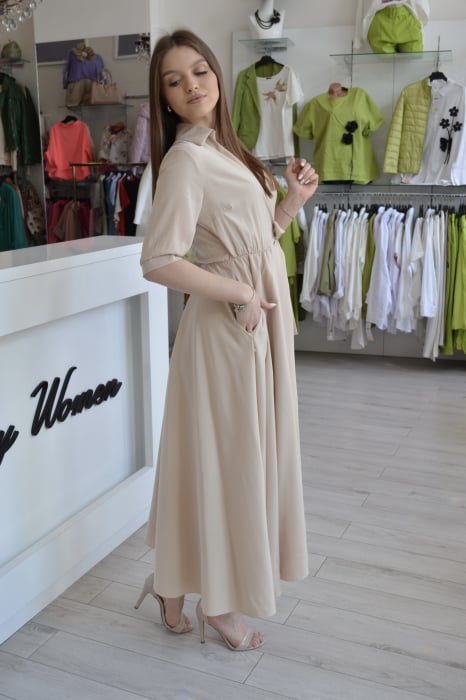 Rochie bej cu guler si cordon in talie [2]