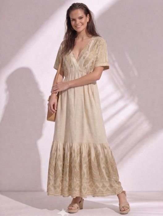 Rochie bej din bumbac cu imprimeu frunze brodate [2]