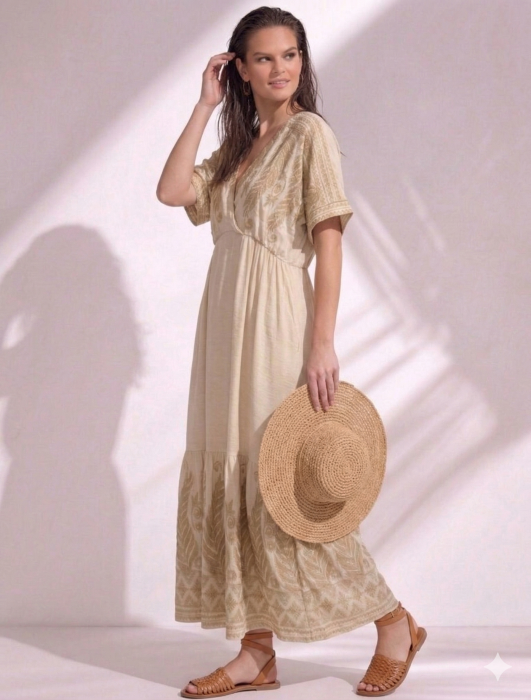 Rochie bej din bumbac cu imprimeu frunze brodate [3]