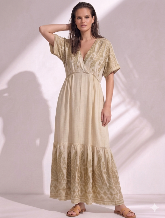 Rochie bej din bumbac cu imprimeu frunze brodate [4]