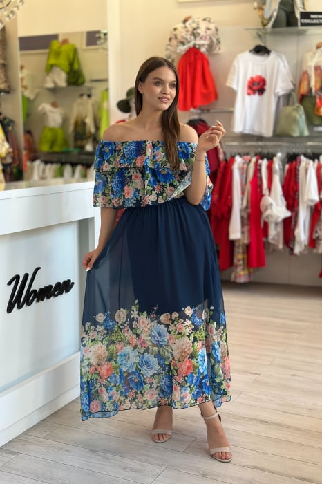 Rochie bleumarin din voal cu imprimeu flori multicolore