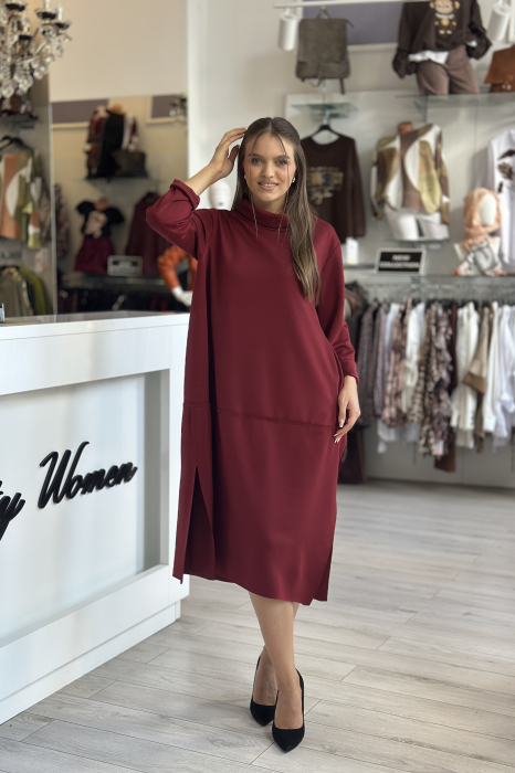 Rochie bordo casual cu guler ridicat [2]