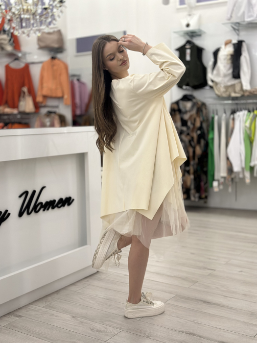Rochie tunica crem din bumbac cu tulle si flori albe [3]