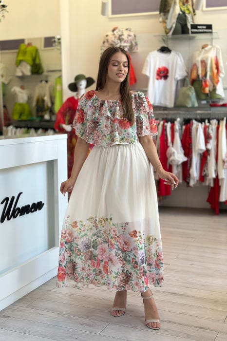 Rochie crem din voal cu imprimeu flori multicolore