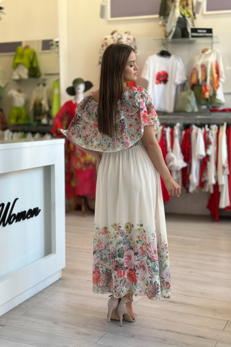 Rochie crem din voal cu imprimeu flori multicolore [4]