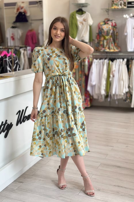 Rochie cu umeri bufanti si imprimeu frunze maro [2]