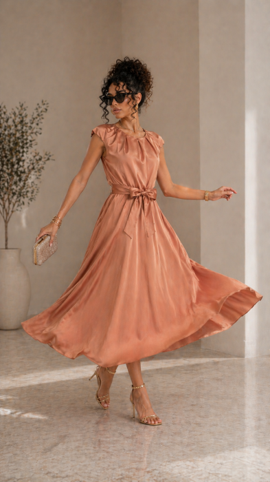 Rochie dama midi caramizie cu cordon in talie [4]