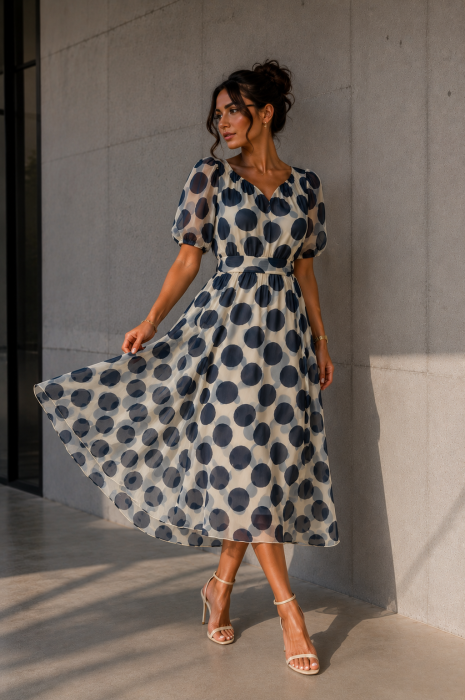 Rochie dama midi cu buline bleumarin si decolteu in V [2]