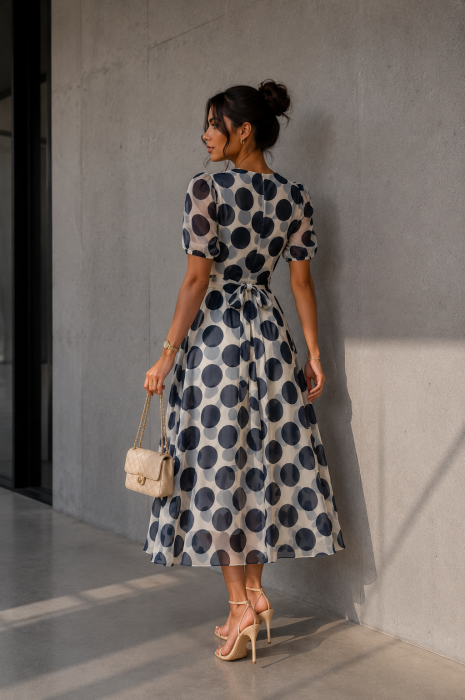 Rochie dama midi cu buline bleumarin si decolteu in V [4]