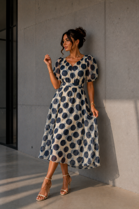 Rochie dama midi cu buline bleumarin si decolteu in V [3]