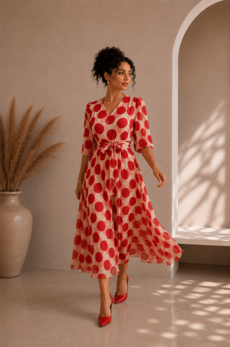 Rochie dama midi cu buline rosii si decolteu in V [3]