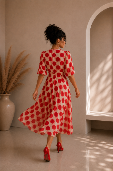 Rochie dama midi cu buline rosii si decolteu in V [4]