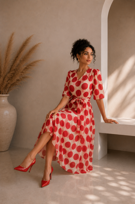 Rochie dama midi cu buline rosii si decolteu in V [2]