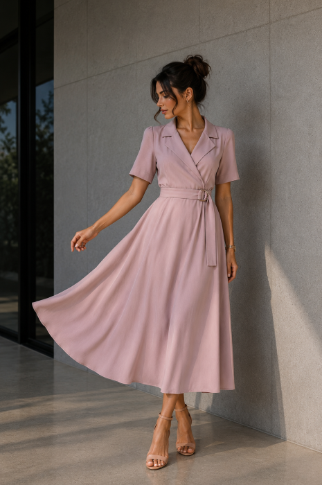 Rochie dama roz pudra cu rever si buzunare laterale [3]