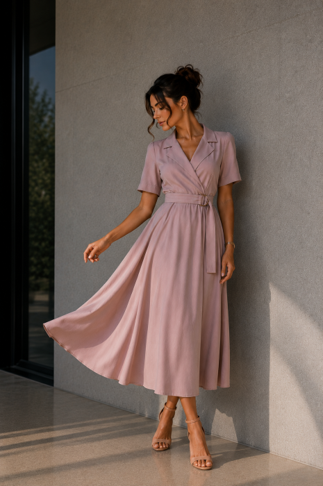 Rochie dama roz pudra cu rever si buzunare laterale [2]