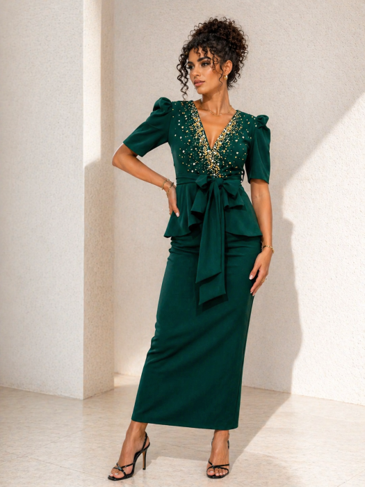 Rochie dama verde smarad cu aplicatii pietricele [2]